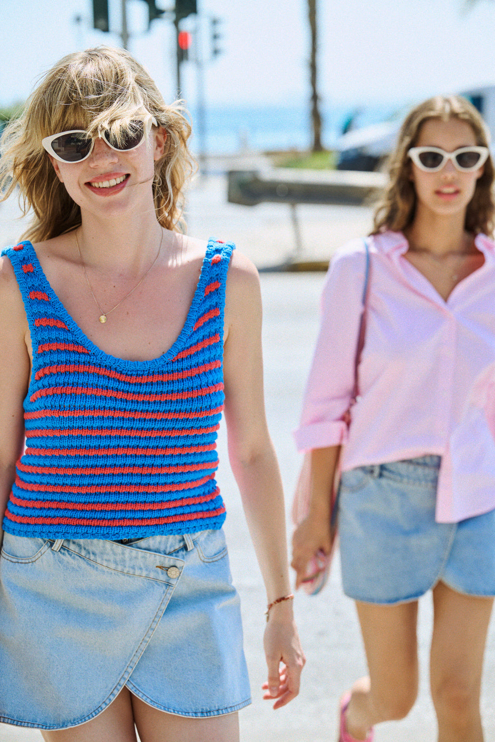 Top Manolo à rayures corail et bleu