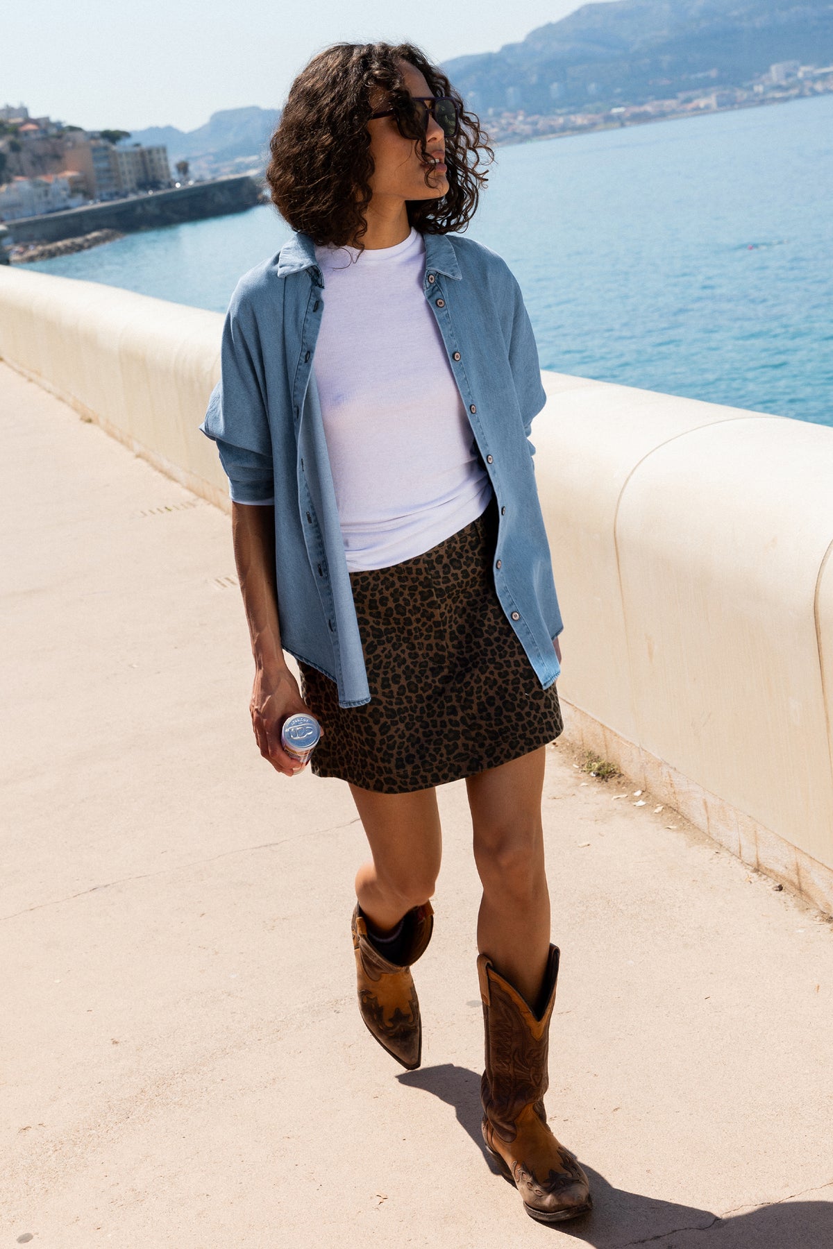 Leopard print denim skirt